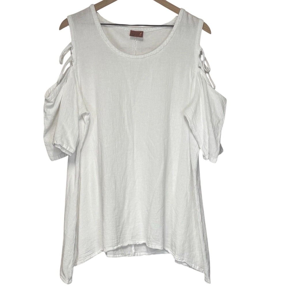 Oh My Gauze Top Womens 3 White Cold Shoulder Sharkbite‎ Hem Cotton Strappy Boho